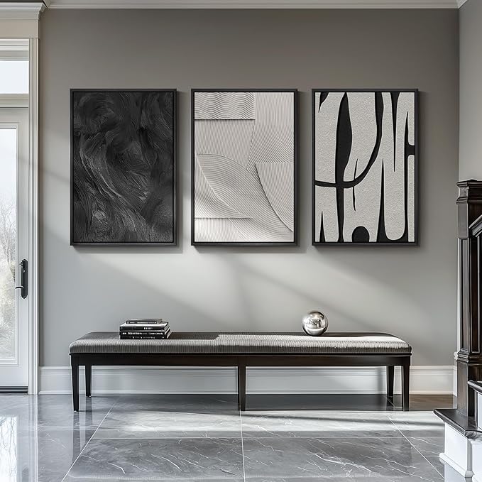 Large 3D Textured Framed Black and White Abstract Wall Art for Living Room, 3 Piece Modern Artwork for Walls, Minimalist Black White Texture Paintings for Hallway Office Wall Decor 24x36 In