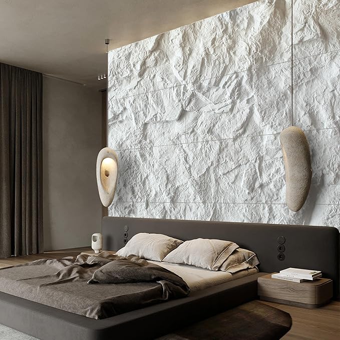 KASARO 3D Faux Stone Wall Panels, 4 PCS PU Wainscoting Panel for Interior Wall Decor, Cement Texture Thicker Accent for Home, Office, 43.3 × 23.6 inch, White