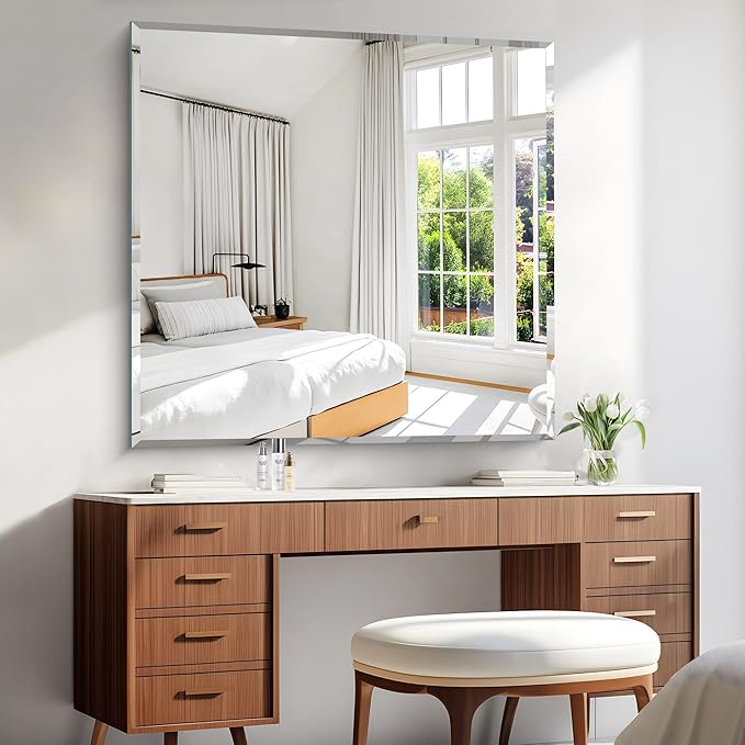 KOCUUY Beveled Mirror, 42x42 Inch Large Frameless Square Bathroom Mirror for Over Sink, Upgraded Shatterproof Beveled Unframed Design Mirror for Bathroom, Bedroom, Hang Horizontal/Vertical