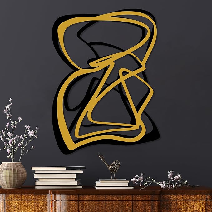 Black with Gold Abstract Metal Wall Art, Geometric Abstract Metal Wall Decor, Black and Gold Wall Decor, Modern Line Art Sculpture for Living Room,Luxury Wall Sign