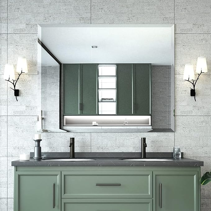Mirrorons Beveled Mirror, Wall Mirror 40" x 32", Frameless Rectangle Bathroom Vanity Mirror with Beveled Edge, Hangs Horizontally or Vertically. Upgraded Shatterproof