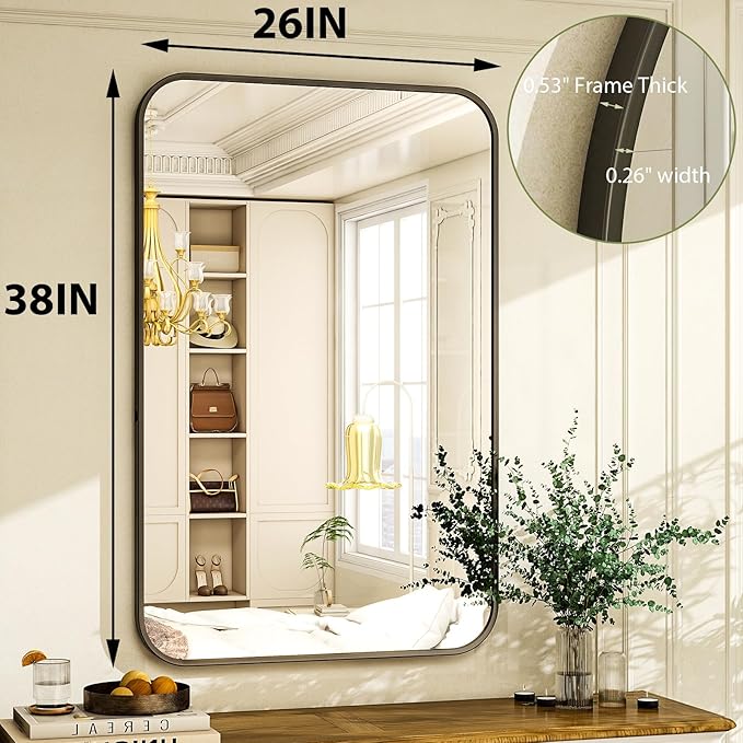 26 x 38 Inch Bathroom Mirror, Rounded Rectangular Vanity Mirror for Wall, Modern Mirror for Room Decor, Black Framed Wall-Mounted Mirrors for Home Decor, Hangs Horizontally or Vertically
