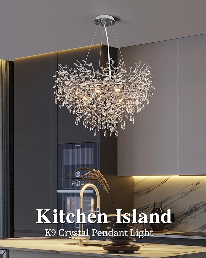 Modern Crystal Chandelier for Dining Room, 31.5" Chrome Tree Branch Chandeliers, 10-Light Luxury K9 Crystal Round Chandeliers for Kitchen Island Living Room