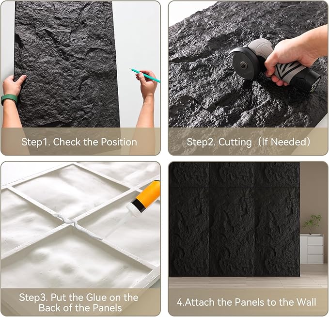 OUZUGIE 4 PCS Faux Stone Wall Panel 47.2’’ x 23.6’’ Interior Exterior Wall Decor 3D PU Panel with Lava Stone Design Black