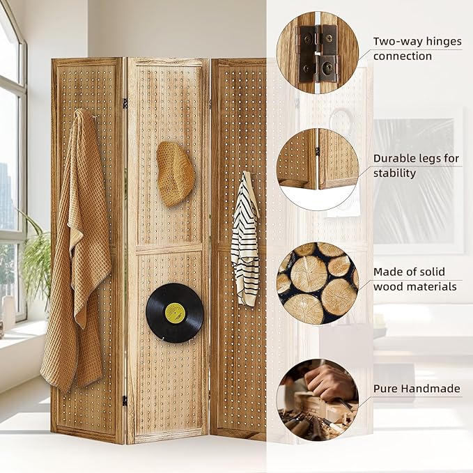 4 Panel Pegboard Display with 16 Hooks, Wooden Room Divider Wall and Folding Privacy Screens, Partition Room dividers, Pegboard Room Divider, Jewelry Store, Bedroom, Balcony, Light Brown