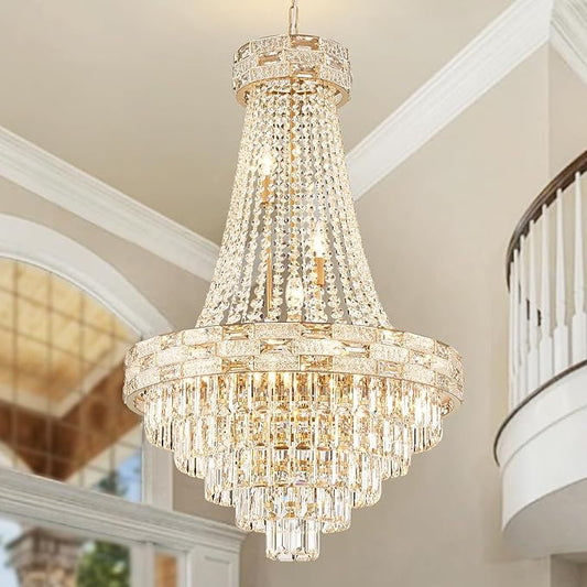 12-Light Gold Crystal Chandeliers,Empire Chandelier Light Fixture Modern High Ceiling Hanging Chandelier for Entryway,Foyer,Staircase,Hallway,Living Room(H36 x D23.2)