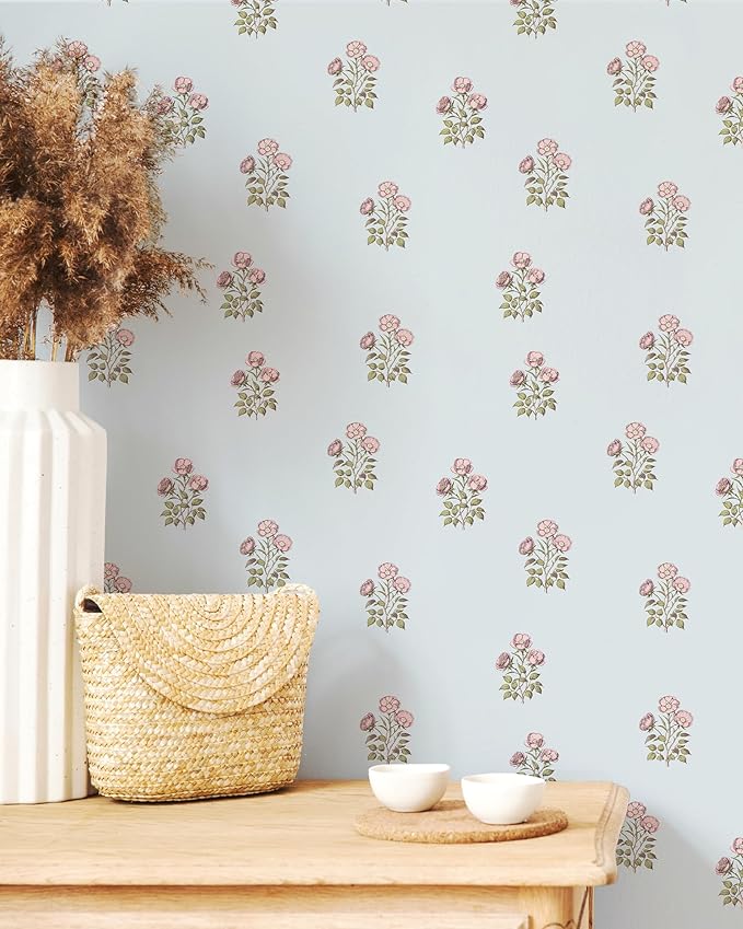 17.3" x 196.8" Blue Floral Wallpaper, Vintage Peel and Stick Wallpaper Self Adhesive Waterproof Stick and Peel Wall Paper for Bedroom Cabinet Décor