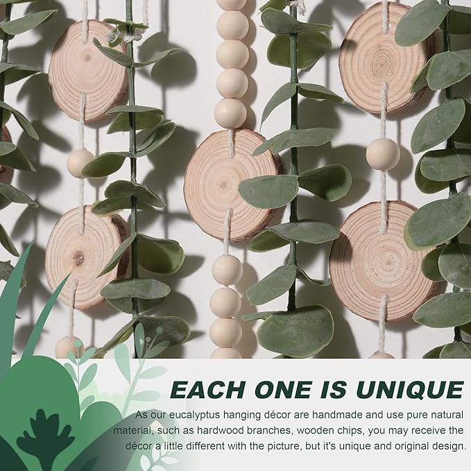 Artificial Eucalyptus Wall Hanging Decor Fake Plant Greenery Leaves Chip Strands Beads Garland on 16.5 inch Stick Boho Rustic Farmhouse Nature Bathroom Bedroom Living Room Decorations