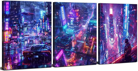 Neon Tokyo City Posters Cyberpunk Decor Anime Wall Art for Boys Bedroom Futuristic Street Pop Purple Night Cityscape Picture Canvas Modern Artwork Living Room Office Playroom Home Decoration 12x16" 3P