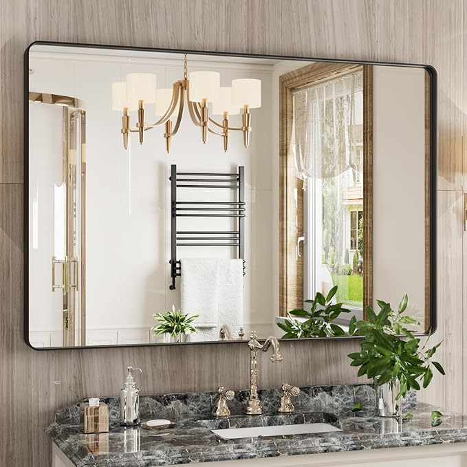 Black Bathroom Mirror 48X32 Inch, Black Metal Framed Mirror for Wall, Rounded Rectangle Matte Bathroom Vanity Mirror with Tempered Glass, Anti-Rust, Horizontal/Vertical