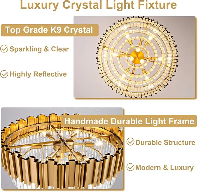 5-Tier 27.5" Modern Crystal Chandelier, 9-Light Gold Chandelier, Luxury Round K9 Crystal Chandeliers Pendant Light Fixture for Dining Room, Living Room, Bedroom, Foyer, Entryway, Kitchen, Restaurant
