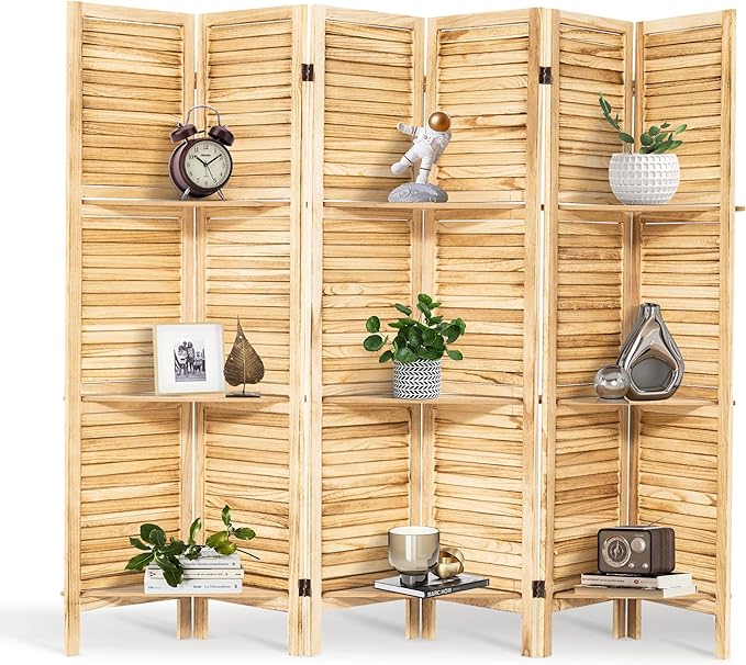 2 PCS Room Dividers 5.6FT Louvered Design 6 Panel Room Dividers with Display Shelves Folding Privacy Screens Portable Freestanding Partition Wall Dividers for Bedroom, Natural Wood