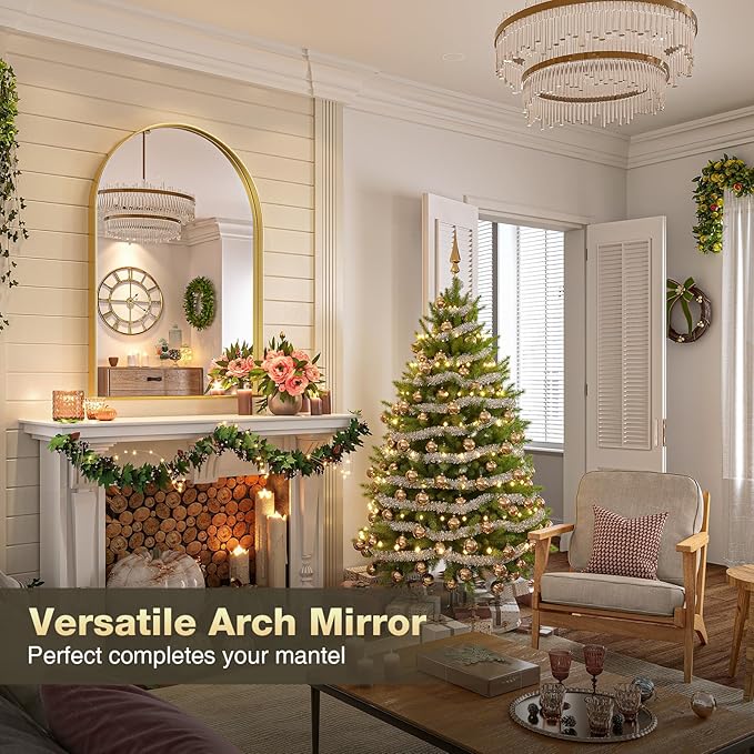 Brightify Arched Mirror, Arched Wall Mirror, 28 x 40 Inch Gold Arch Mirror, Metal Frame Gold Bathroom Mirror, Arched Top Bathroom Vanity Mirror for Living Room Bedroom Mantel Entryway Hallways