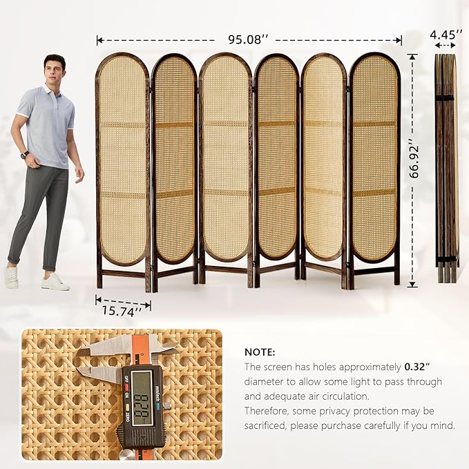 5.6 Ft Room Divider 6 Panel, Folding Privacy Screen, Rattan Room Divider, Foldable Wood Divider Panel, Portable Partition Screen, Wall Divider for Room Separation Home Office Garden-Brown