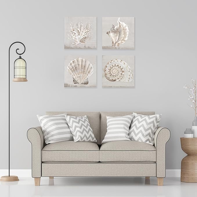 JAPO ART White Sea Shells Pictures Coastal Beach Canvas Wall Art Picture Vintage Seashell Giclee Print on Canvas Stretched for Living Room Bedroom Wall (White shells Eva Watts, 12x12Inchx4pcs)
