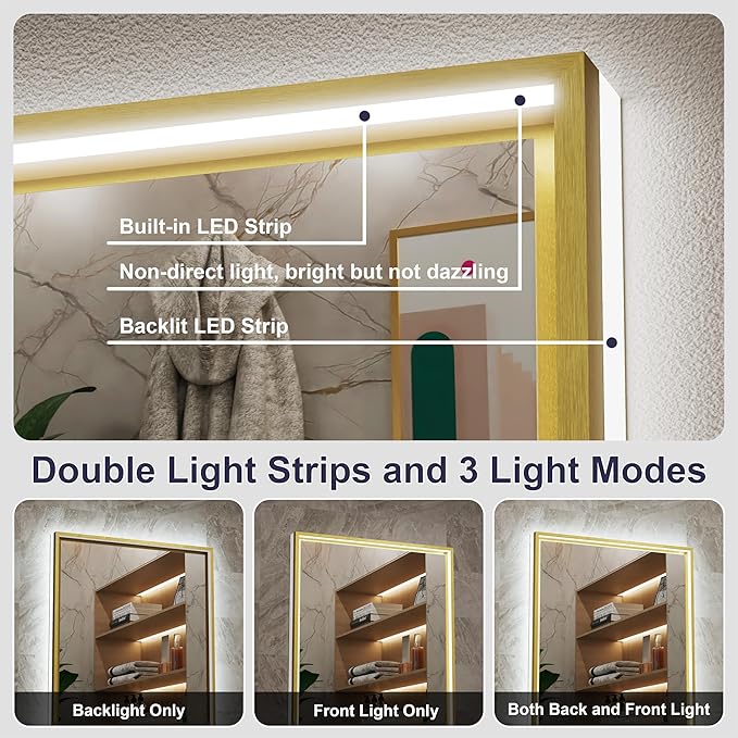 30x36 Inch Gold LED Bathroom Mirror with Front & Back Lights, Adjustable 3000K/4500K/6000K, Wall Mounted Lighted Bathroom Vanity Mirrors, Anti-Fog, Dimmable, Horizontal/Vertical