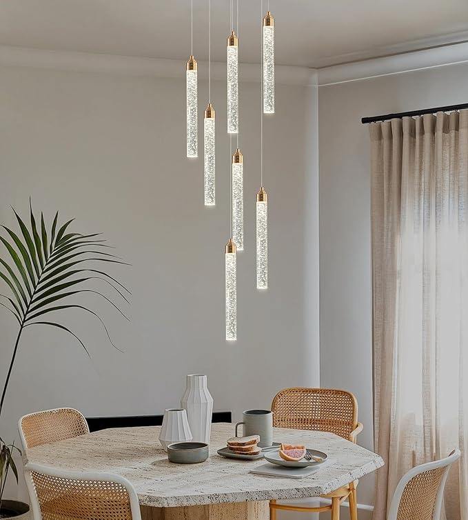 7-Light High Ceiling Crystal Staircase Chandelier Gold, Modern Spiral Raindrop Dimmable LED Bubble Cluster Ceiling Hanging Lighting Fixture for Foyer Living Room Entrance Remote Control