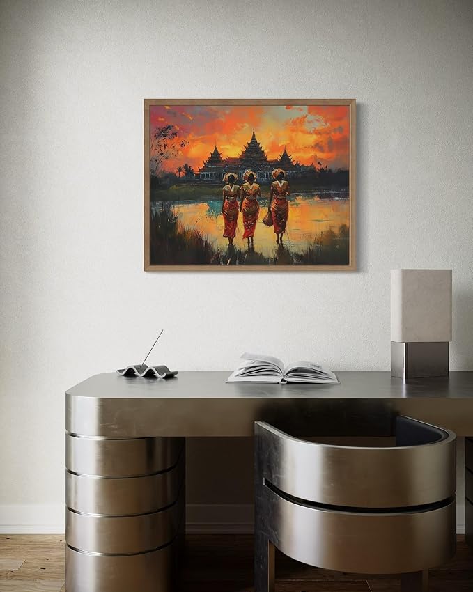 Cambolia Art Print Poster, Asia Oriental Countries Culture Wall Art Asian Paintings for Bedroom Bathroom Living Room Decor 97 (Cambolia, 16 x 20 inches, Wood Frame)