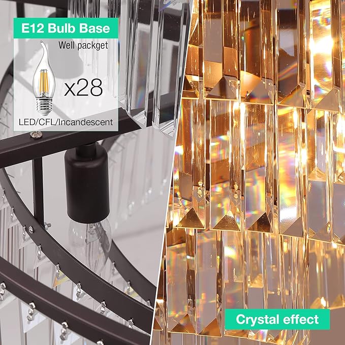 39" Large Modern Oil Brown Crystal Chandelier, 7-Tier Luxury Ceiling Light with Clear Crystal Prisms, Oversized Round Pendant Lighting for Dining Room Dining Room Living Room Foyer