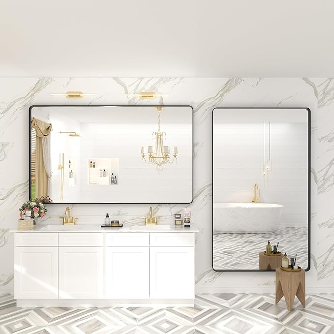 60x36 Matte Black Bathroom Mirror, Modern Rectangle Metal Framed Mirrors for Wall, Rounded Corners, Shatter-Proof (Horizontal/Vertical)