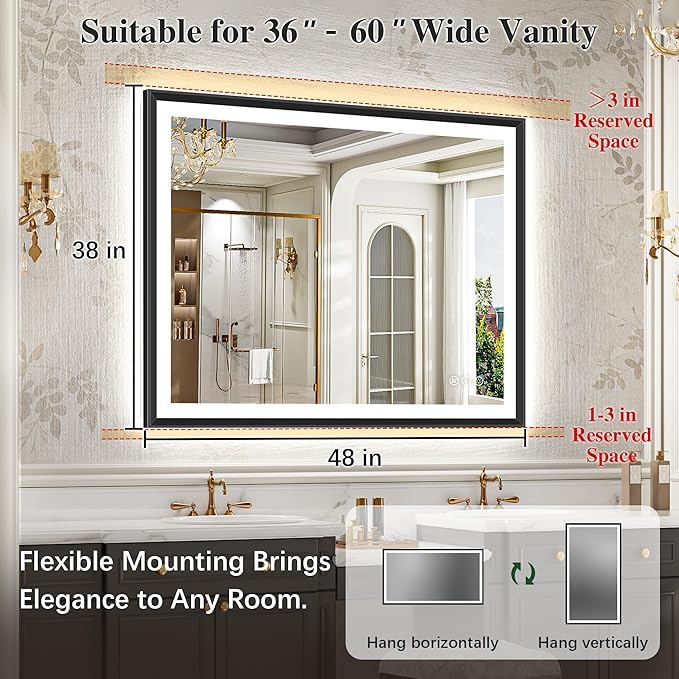 48x38 Black Framed Led Bathroom Mirror with Lights, Front Lit and Backlit, Lighted Vanity Mirror for Bathroom Wall, Anti-Fog, Dimmable, 3 Colors, Memory, HD Tempered Glass
