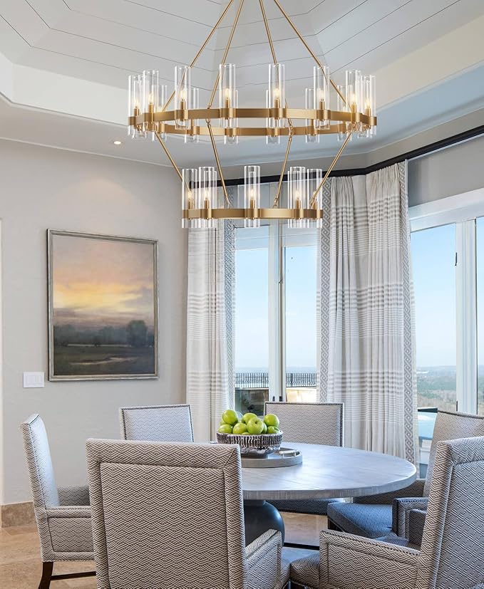 Large Gold Chandelier,24-Lights Wagon Wheel Chandelier with Glass Shade,48 Inch Round Industrial High Ceilings Pendant Lighting Fixture for Dining Living Room, Kitchen Island, Foyer