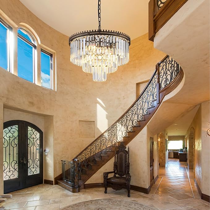 6-Light Crystal Chandelier, 3-Tier Modern Chandelier for Dining Room, Farmhouse Round Crystal Hanging Light Fixture for Foyer Living Room Entryway Bedroom