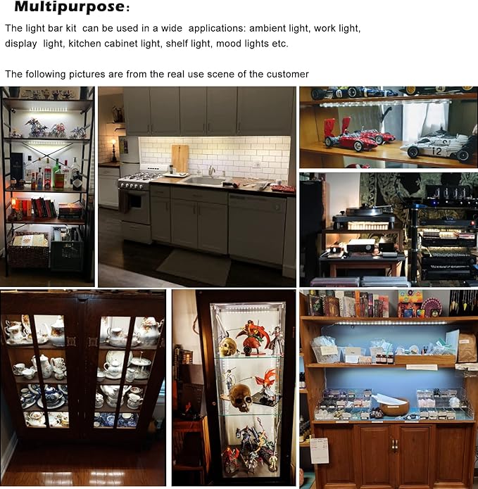 LED Display Light Bar Kit - (4) 16inches Plug-in Linkable Strip Lights for Large Display Cabinet - Series + Parallel Connection - White 6000K