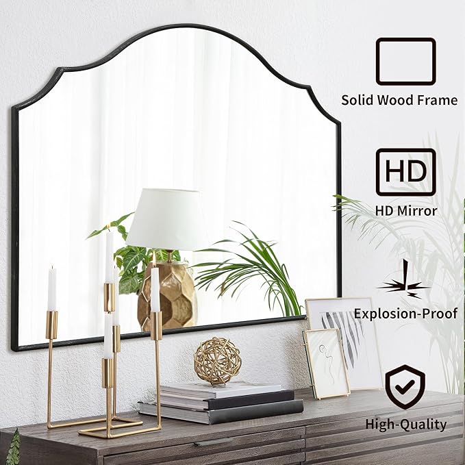 Black Scalloped Wall Mirror: 40"x29" Large Modern Minimalist Vanity Arched Mirror for Home Decor/Living Room/Bedroom/Fireplace/Mantle/Entryway