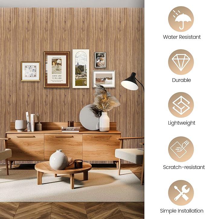 KASARO 3D Faux Wood Wall Panels - 16 Pack (47.2"x4.8") Fluted Slat Paneling for Walls & Ceilings, Adhesive or Nail Install, Waterproof Textured Decor - Living Room, Bedroom, Natural