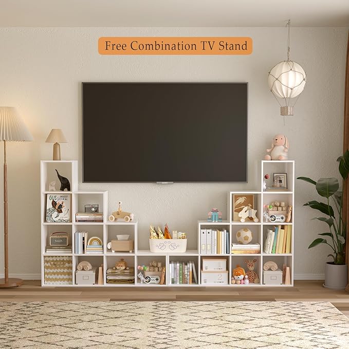 Ladder Cube Storage Bookcase - Wooden L-Shaped 4-Tier Corner Shelf, Reversible 10-Cube Organizer for Home & Office, White