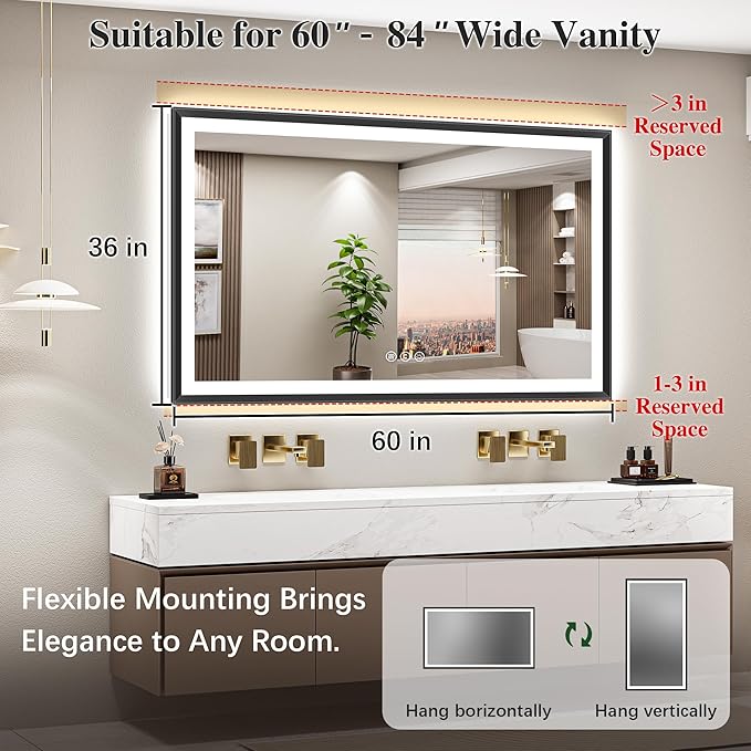 60x36 Black Framed Led Bathroom Mirror with Lights, Front Lit and Backlit, Lighted Vanity Mirror for Bathroom Wall, Anti-Fog, Dimmable, 3 Colors, Memory, HD Tempered Glass