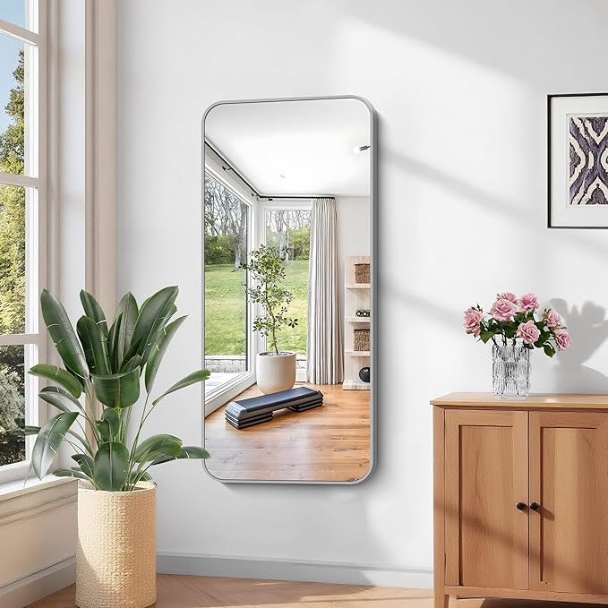 KOCUUY Silver Bathroom Mirror, 24x48 Inch Bathroom Mirror for Over Sink, HD Tempered Glass, Anti-Rust Brushed Silver Frame, Rounded Corner Modern Design for Bathroom, Hang Horizontal/Vertical