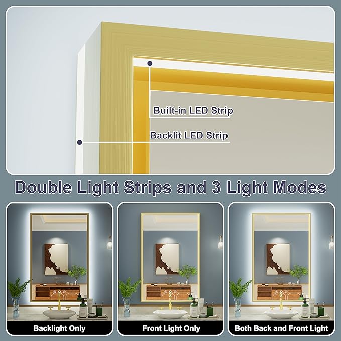 24x36 Inch Gold LED Bathroom Mirror with Front and Back Lighting, 3 Color Temp, Dimmable, Anti-Fog, Aluminum Frame Wall Mounted Lighted Bathroom Vanity Mirror