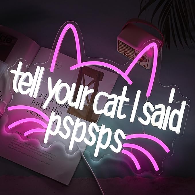 LISIGNVE Cat Neon Sign Tell Your Cat I Said Pspsps Neon Signs for Wall Decor Cartoon Animal Face Led Sign Pspsps Neon Light for Pet Shop Cat Cafe Bedroom Bar Man Cave(16.5”*11.8”)