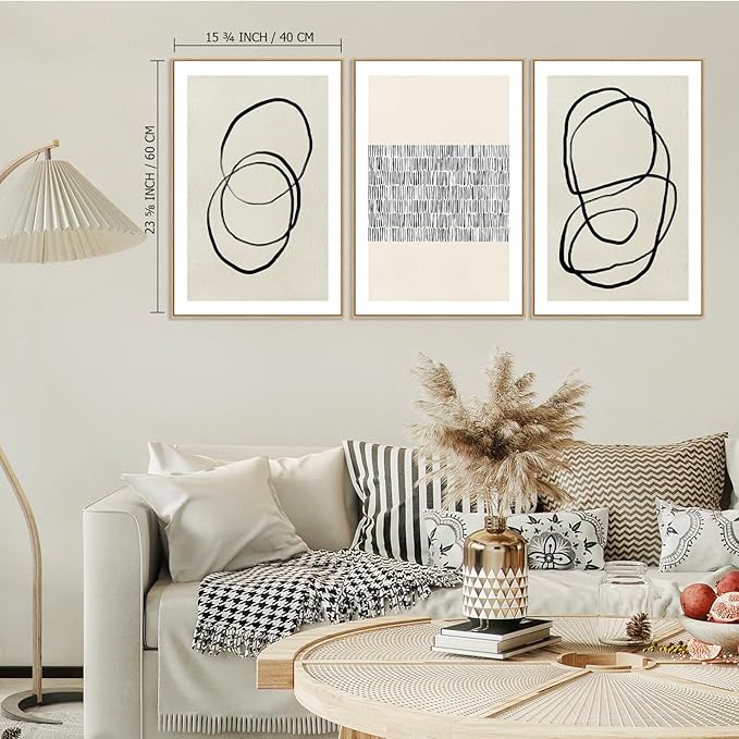 Abstract Boho Wall Art Set - Modern Boho Geometric Framed Canvas Prints, Neutral Mid-Century Graffiti Inspired Decorative Wall Decor for Living Room, Bedroom, Office - 24"x36"x3
