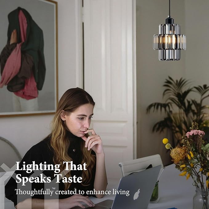 Modern Crystal Chandelier, 6"x7" Classic Crafted Pendant Light, Glass & Metal Hanging Light Innovative Small Space Use in Dining Room, Kitchen Island, Bedroom, Living Room - Midnight Fog