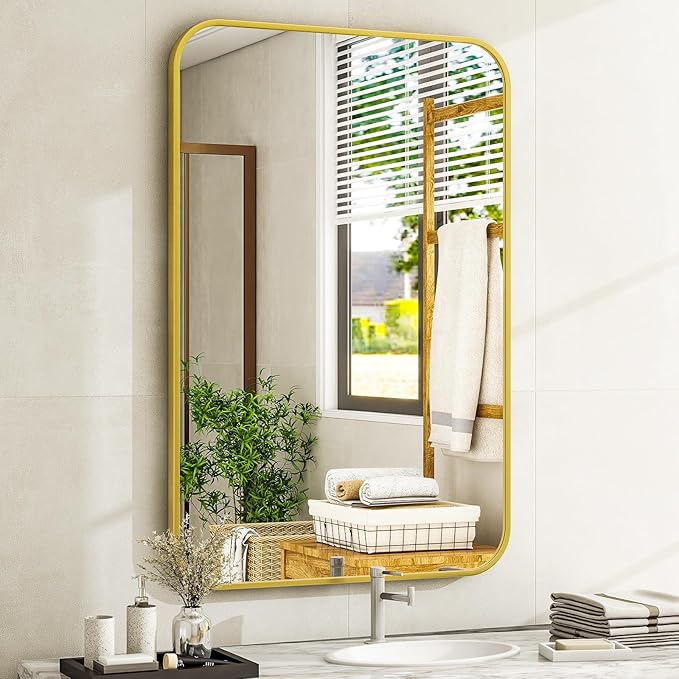 20 x 28 Inch Bathroom Mirror, Rounded Rectangular Vanity Mirror for Wall, Modern Mirror for Room Decor, Gold Framed Wall-Mounted Mirrors for Home Decor, Hangs Horizontally or Vertically