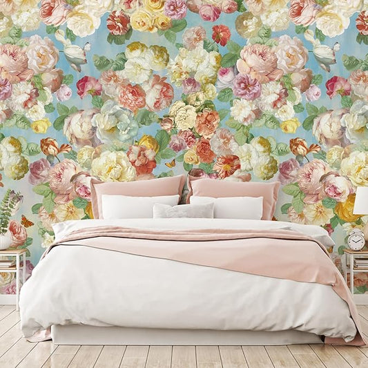 Large French Floral Wall Murals Colorful Peony Flower Wallpaper Peel and Stick 87" W x 110" H Self Adhesive Oil Painting Wallpaper for Bedroom Living Room TV Background Home Wall Decor