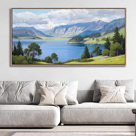 Landscape Wall Art for Living Room - with Mountain and Lake Scenery Pictures Wall Decor Large Canvas Wall Art, Forest and Nature Wall Decor for Bedroom, Green Artwork Prints for Above Bed 24×48IN