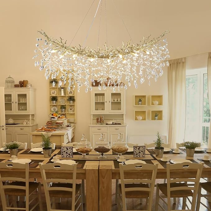 55inch Crystal Rectangle Chandelier for Dining Room, Gold Tree Branch Chandeliers Over Table, Top K9 Crystal Modern Chandeliers for Kitchen Island,Dining Table,Luxury Rectangular Chandeliers