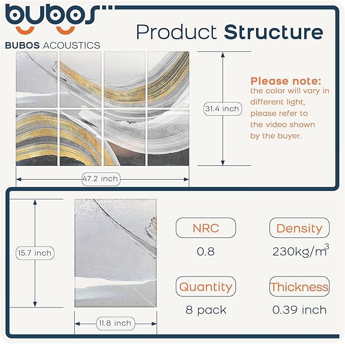 BUBOS 8 Pack Art Acoustic Panels Soundproof Wall Panel,47.2X31.4 Inches Sound Absorbing Panel,Self-Adhesive Decorative Acoustical Wall Panels, Acoustic Treatment for Ceiling Home Office（Feather）