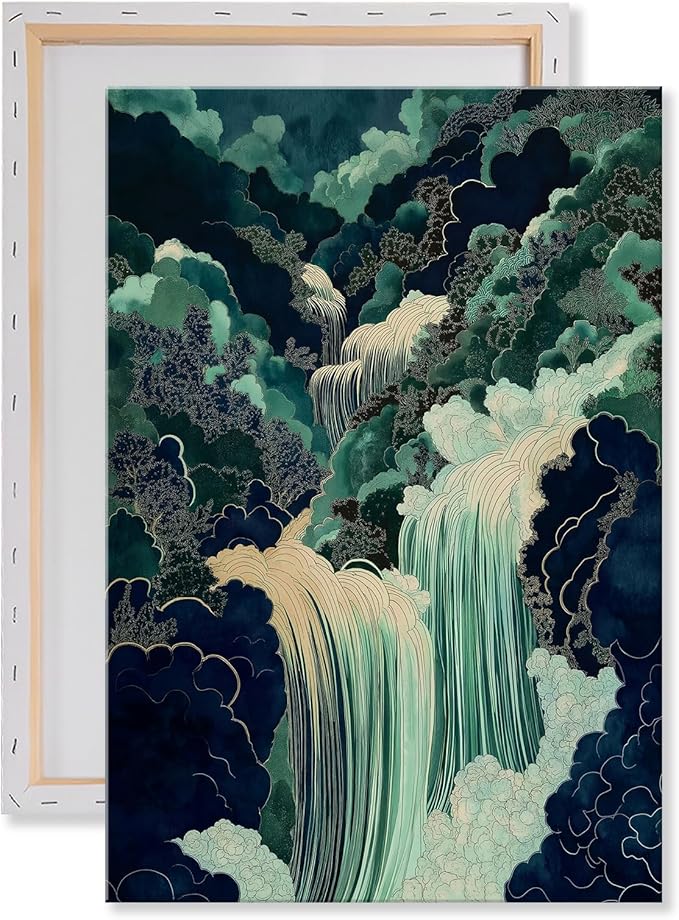Mountain River Wall Art Japanese Waterfall Painting Abstract Forest Art Poster Blue And Green Abstract Canvas Japanese Style Print Blue And Green Landscape Wall Art Waterfall Artwork 16x24in Framed
