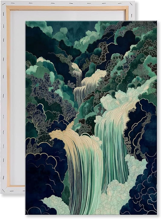 Mountain River Wall Art Japanese Waterfall Painting Abstract Forest Art Poster Blue And Green Abstract Canvas Japanese Style Print Blue And Green Landscape Wall Art Waterfall Artwork 16x24in Framed