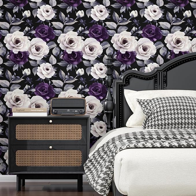 Black Foral Wallpaper Peel and Stick Purple White Rose Contact Paper 17.4" x 393", Dark Vintage Self-Adhesive Removable Flower Wall Paper for Bedroom Countertop Desk Cabinets Decor Renter Friendly