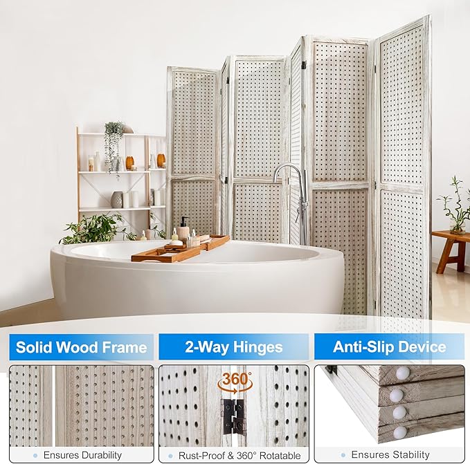 6 Panel Room Divider with Pegboard Display 5.6FT Wood PegBoard Room Dividers, Folding Privacy Screens Portable Freestanding Partition Wall Divider for Art Shows & Room Separation, Natural Wood