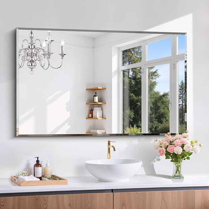 Beveled Bathroom Mirror, 30x48 Large Frameless Mirrors for Over Sink, Upgraded Shatterproof Beveled Frameless Vanity Mirror for Bedroom, Living Room and Entryway (Horizontal/Vertical)