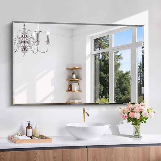 Beveled Bathroom Mirror, 30x48 Large Frameless Mirrors for Over Sink, Upgraded Shatterproof Beveled Frameless Vanity Mirror for Bedroom, Living Room and Entryway (Horizontal/Vertical)