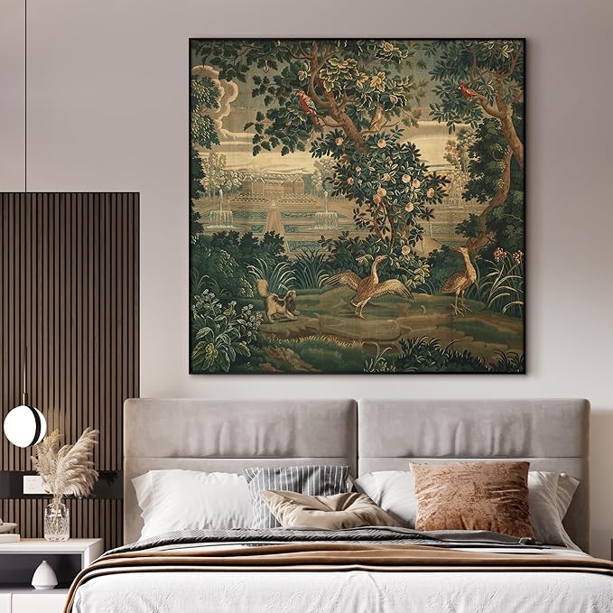 72"x72" XL Framed Wall Art - Ornate Botanical Garden Scene with Birds (Frame Assembly Required)