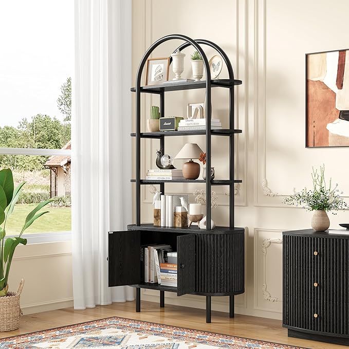 71" Tall Bookshelf, Bookcase, 4-Tier Book Shelf with Storage Cabinet, Curved Metal Frame Bookcase, Freestanding Industrial Storage Display Shelving for Living Room Office Bedroom, Black